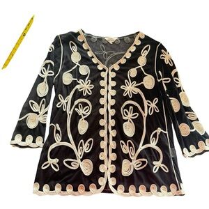 Vintage Celsa Womens Embroidered Mesh Cardigan Blouse Black Ivory Floral Swirl M